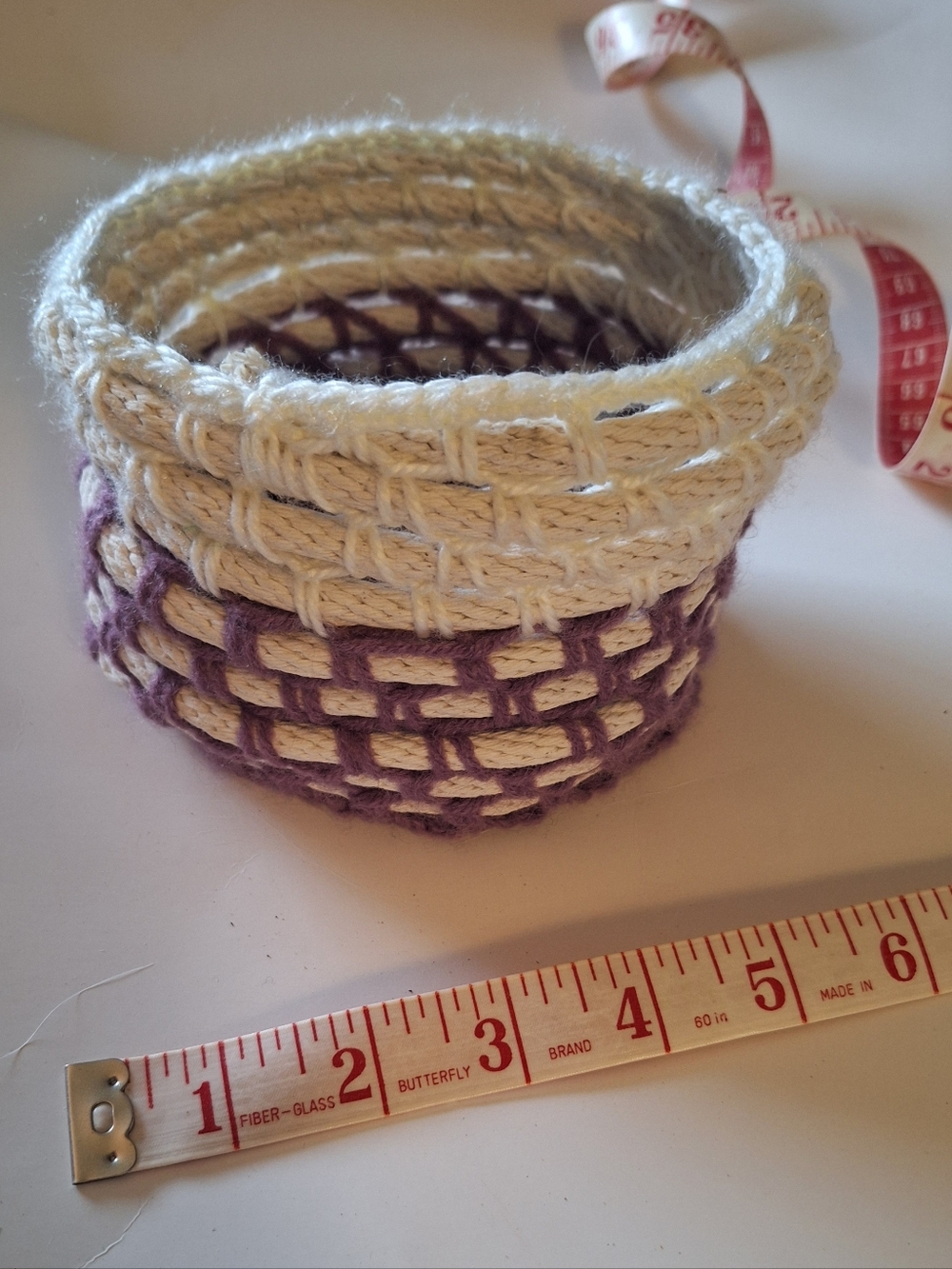 Handmade Cream and Purple Storage Basket - 4 Inch